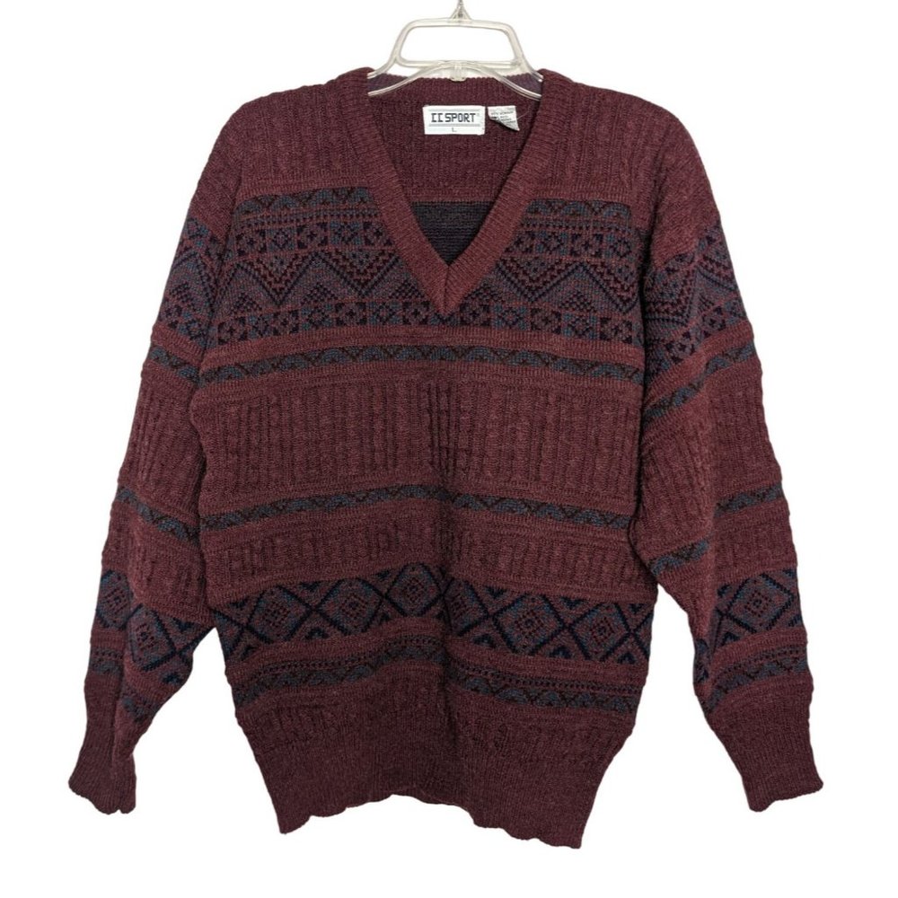 II SPORT Vintage V neck long sleeve pull‎ over Aztec design Burgundy Sweater L